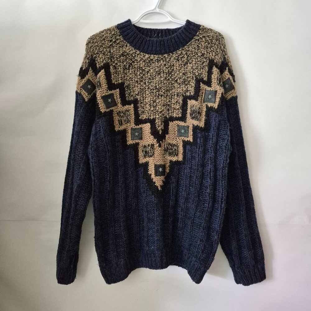 Vtg Street Scenes Men M Navy Blue Acrylic Leather Long Sleeve Cable Knit Sweater